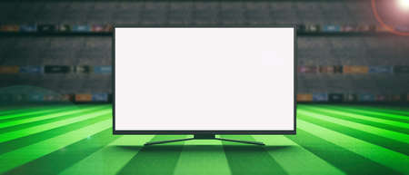 Blank TV screen on a soccer field background. 3d illustrationの写真素材