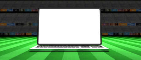 Blank screen laptop on a soccer field background. 3d illustrationの写真素材