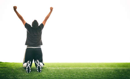 Victory celebration concept. Soccer, football player celebrating on the grass