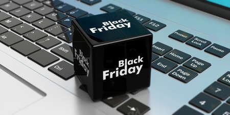 Black Friday online sale concept. Black cube on a computer keaboard. 3d illustrationの写真素材