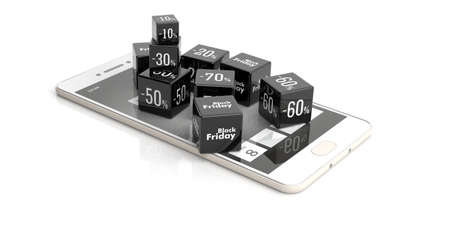 Black Friday online sale concept. Sale cubes on a smartphone, white background. 3d illustrationの写真素材