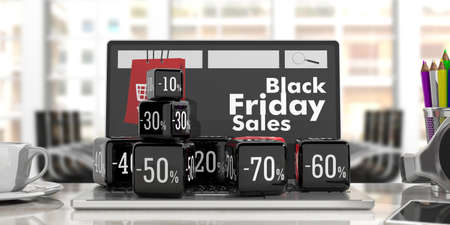 Black Friday online sale concept. Black sale cubes on a computer. 3d illustrationの写真素材