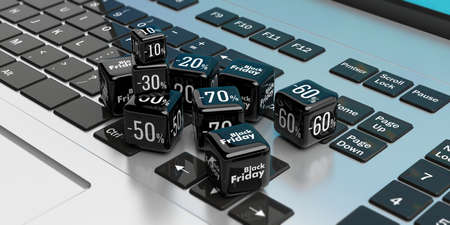 Black Friday online sale concept. Black sale cubes on a computer keaboard. 3d illustrationの写真素材