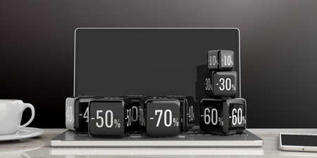 Black Friday online sale concept. Black sale cubes on a computer. 3d illustrationの写真素材