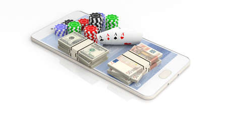 Online gambling concept. Poker chips, cards and money on a smartphone, white background. 3d illustrationの写真素材