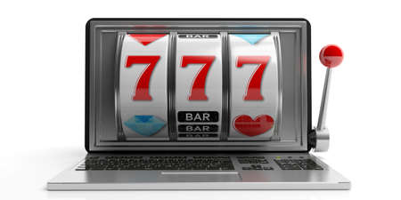 Online gambling concept. Slot machine on a laptop screen, white background. 3d illustrationの写真素材