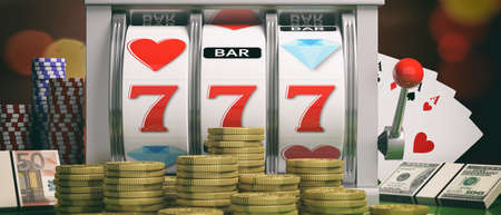 Casino concept. Slot machine, money, aces and poker chips. 3d illustrationの写真素材