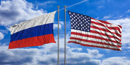Russia and United States of America flags waving on blue sky background. 3d illustrationの写真素材