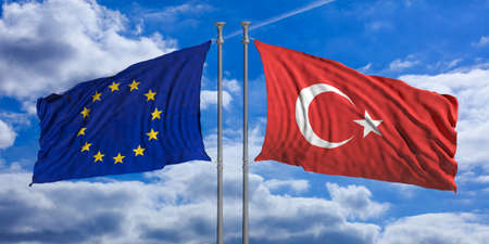 Turkey and European Union flags waving on blue sky background. 3d illustrationの写真素材