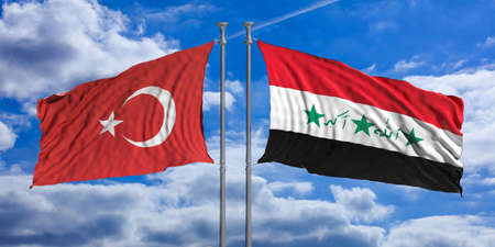 Turkey and Iraq flags waving on blue sky background. 3d illustrationの写真素材