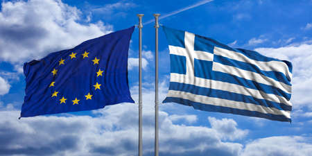 Grexit concept. Greece and European Union flags waving on blue sky background. 3d illustrationの写真素材
