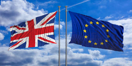 United Kingdom and European Union flags waving on blue sky background. 3d illustrationの写真素材