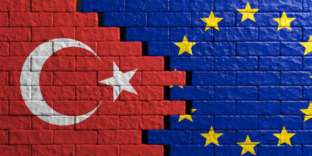 European Union and Turkey relationship. Flags on brick wall background. 3d illustrationの写真素材