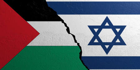 Palestine and Israel relationship. Flags on plastered wall background. 3d illustrationの写真素材