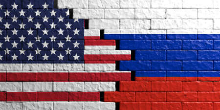 Russia and USA relationship. Flags on brick wall background. 3d illustrationの写真素材