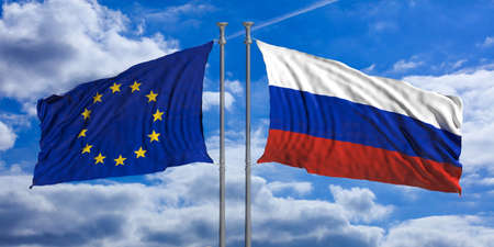 Russia and European Union flags waving on blue sky background. 3d illustrationの写真素材