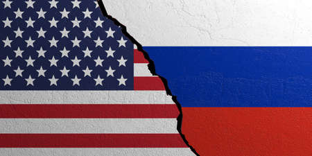 Russia and USA relationship. Flags on plastered wall background. 3d illustrationの写真素材