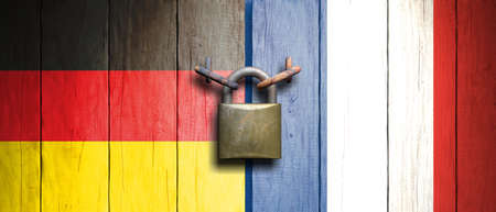 France and Germany relations. France and Germany flags on wooden door with padlock. 3d illustrationの写真素材