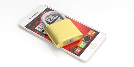 Cyber security concept. Padlock on a smartphone isolated on white background. 3d illustration