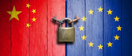 China and European Union relations. China and European Union flags on wooden door with padlock. 3d illustrationの写真素材