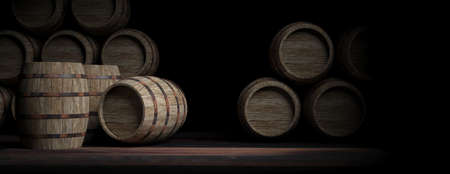 Wooden wine barrels on dark background. 3d illustrationの写真素材