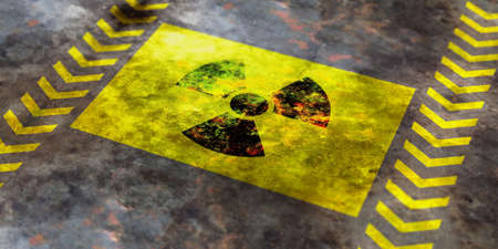 Radiation symbol on yellow background, view from above. 3d illustrationの写真素材