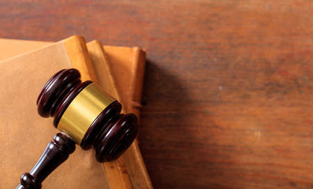 Law gavel on law books, wooden desk, copy spaceの写真素材