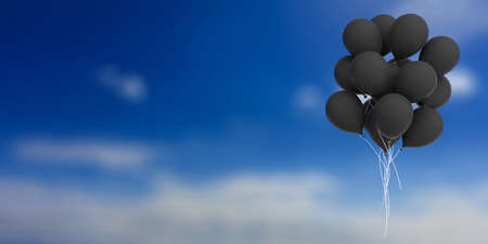 Group of black balloons on blue sky background. 3d illustrationの写真素材