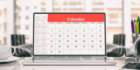 Calendar on a laptop screen, office background. 3d illustrationの写真素材