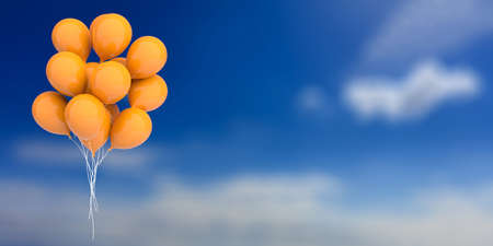Group of orange party balloons on blue sky background. 3d illustrationの写真素材
