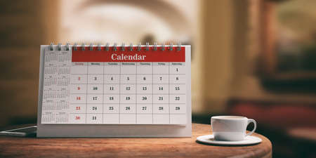 Desk calendar, a smartphone and a cup of coffee on a wooden table. 3d illustrationの写真素材
