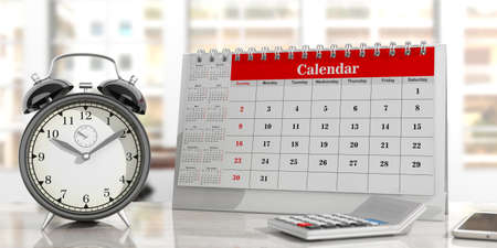Deadlines concept. Desk calendar, and an alarm clock on an office background. 3d illustrationの写真素材