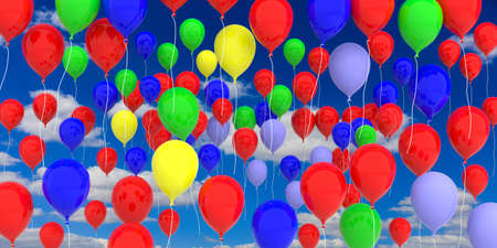 Group of colorful party balloons on blue sky background. 3d illustrationの写真素材