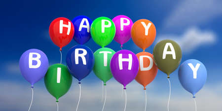 Happy birthday on colorful balloons, blue sky background. 3d illustrationの写真素材