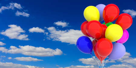 Group of colorful party balloons on blue sky background. 3d illustrationの写真素材