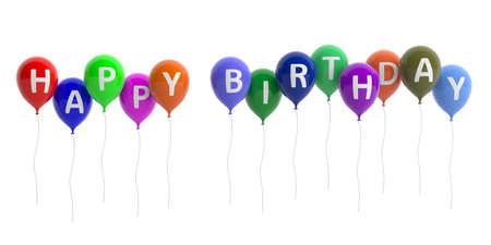 Happy birthday on colorful balloons, white background. 3d illustrationの写真素材