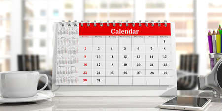 Desk calendar, a smartphone and a cup of coffee on an office background. 3d illustrationの写真素材