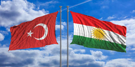 Turkey and Kurdistan relations. The opposite wave of Turkey and Kurdistan flags under a blue sky with many white clouds. 3d illustrationの写真素材