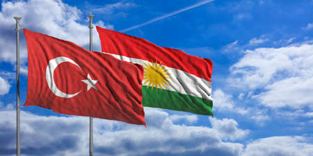 Turkey and Kurdistan relations. Turkey and Kurdistan flags wave under a blue sky with many white clouds. 3d illustrationの写真素材