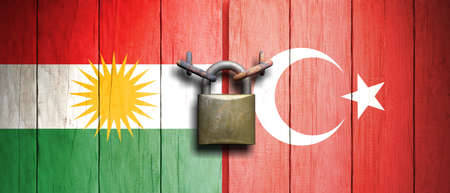 Turkey and Kurdistan relations concept. Turkey and Kurdistan flags united with an old, rusty padlock. 3d illustrationの写真素材