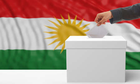 Elections in Kurdistan. Woman's hand puts an envelope in a white election ballot box on a waving Kurdistan flag background. 3d illustrationの写真素材