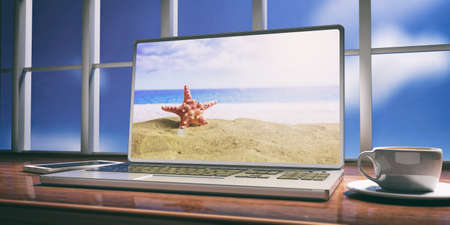 Laptop with beach screen and silver color placed on a wooden desk. Room with a window overlooking the blurred blue sky. 3d illustrationの写真素材