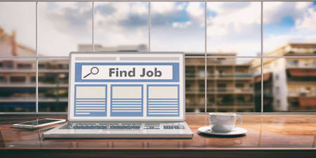 Laptop with find job screen and silver color placed on a wooden desk. Room with a window overlooking...