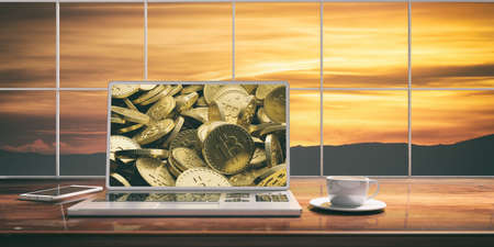 Laptop with bitcoins screen placed on a wooden desk. Room with a window overlooking the blurred sunset over the mountains. 3d illustrationの写真素材