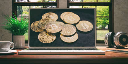 Laptop with bitcoin screen and silver color placed on a wooden desk, Room with a window overlooking the beautiful blurred nature. 3d illustrationの写真素材