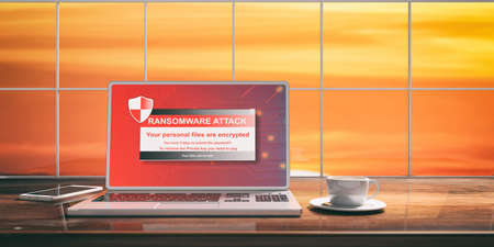 Laptop with cyber ransomware screen and silver color placed on a wooden desk. Room with a window overlooking the blurred orange sky. 3d illustrationの写真素材