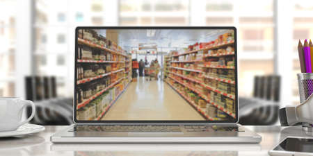 Supermarket online shopping. Blur supermarket on a laptop screen, office background. 3d illustrationの写真素材