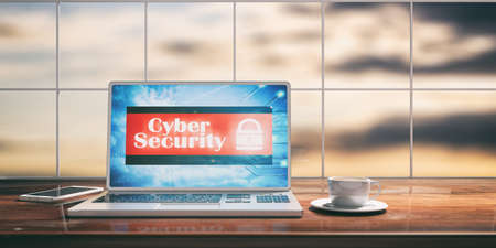 Laptop with cyber security screen and silver color placed on a wooden desk. Room with a window overlooking the blurred sky. 3d illustrationの写真素材