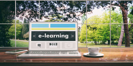 Laptop with e-learning screen placed on a wooden desk. Room with a window overlooking the blurred park. 3d illustrationの写真素材