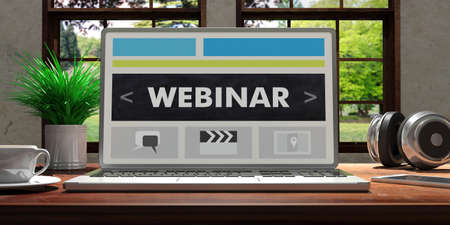Laptop with webinar screen and silver color  placed on a wooden desk, Room with a window overlooking the beautiful blurred nature. 3d illustrationの写真素材